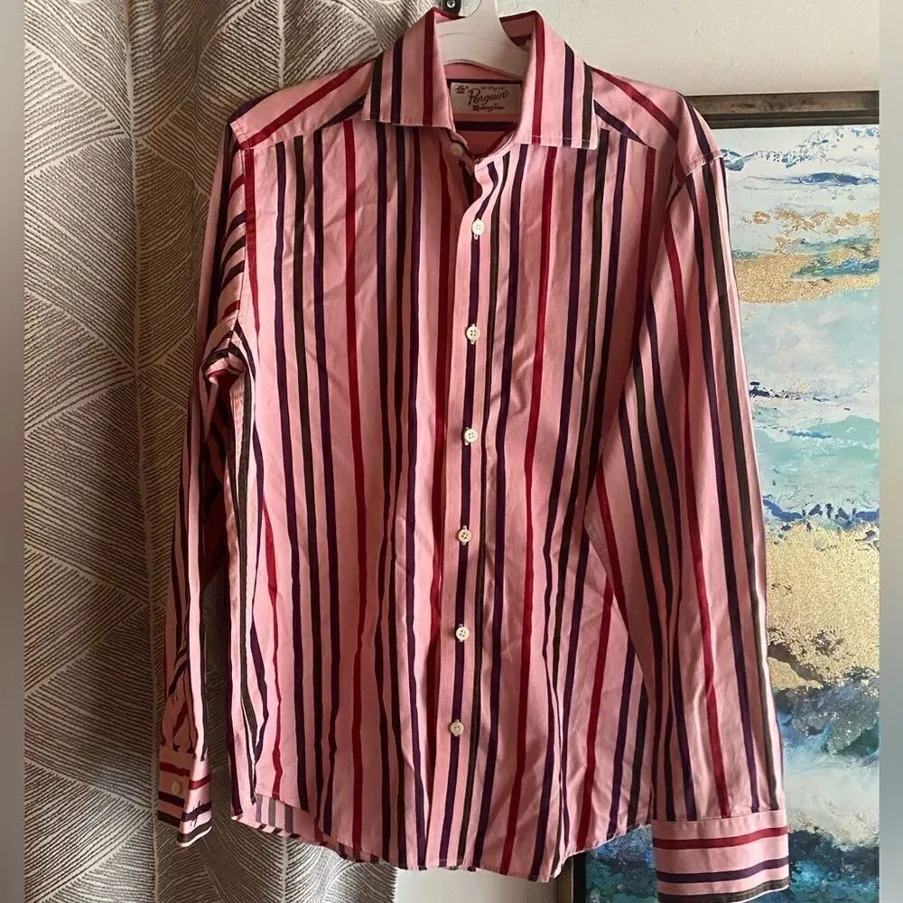 Original penguin pink shirt with red, coffee and grape stripes size small